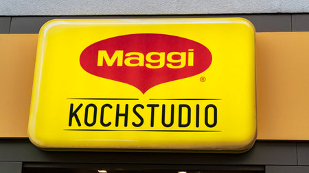 FRANKFURT/Main, GERMANY 5th OCTOBER 2019. MAGGI store logo. MAGGI , is named after its founder Julius Maggi Swiss food industry company, which is mainly known for instant soups, bouillon cubes.のeditorial素材