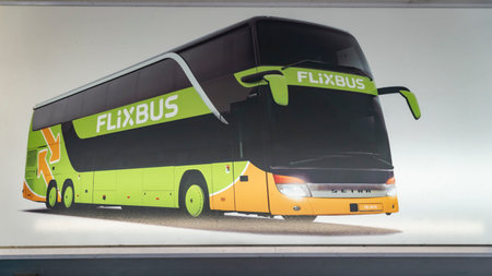 FRANKFURT, Germany - October 5th, 2019: Flixbus logo on ticket booth. Flixbus is a brand which offers intercity bus service all over Europeのeditorial素材