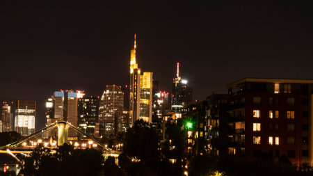FRANKFURT am MAIN, GERMANY 2019 OCTOBER 05 Illuminated Cityscape Night View Frankfurt am Maine Germanyのeditorial素材
