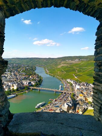 View to Bernkastel Kues and romantic Moselle river in a sunny day in summerの写真素材