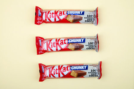 WETZLAR, GERMANY 2020-06-15: KitKat Bars over bright background. Have a break have a KitKat.