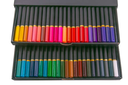 Box with colorful pencils isolated over white backgroundの写真素材