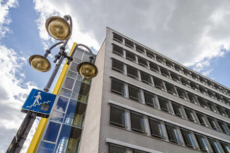 Picture from historic office building with street lightning on a sunny day in Germanyの写真素材