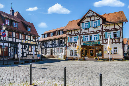 OBERURSEL, GERMANY 2021-04-27: Marketplace in Oberursel. Oberursel (Taunus), also spelled Oberorschel in earlier times, with 46,678 inhabitants. Oberursel borders directly on the city of Frankfurt am Main.のeditorial素材