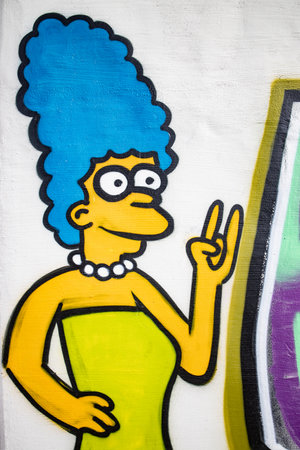 Leihgestern, Germany 2020-07-03: Portrait from marge Simpson painted on a wall. "Marge" Simpson is a fictional character in the animated series The Simpsons.のeditorial素材