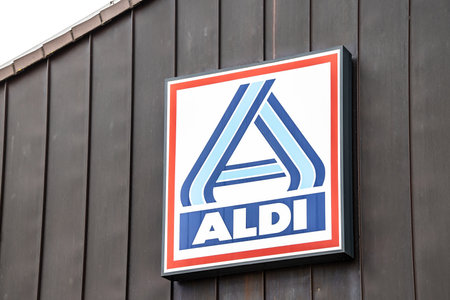 HOHENAHR, GERMANY, 2021-05-08: ALDI NORD LOGO. Aldi North sign on facade. Aldi is a leading global discount supermarket chain with almost 10,000 stores in 18 countries.のeditorial素材