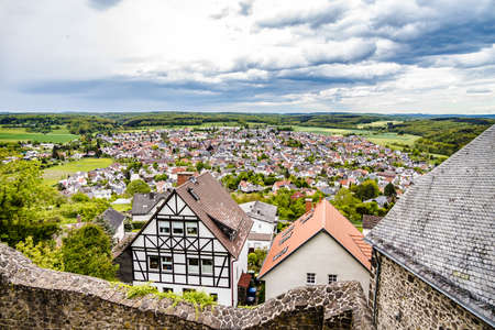 View from castle Gleiberg to the village wettenberg in Hesseの写真素材