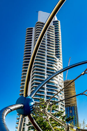 FRANKFURT, GERMANY - October 09, 2021: The "Grand Tower", completed in 2020, is the tallest residential building in Germany at the time Winner of many awardsのeditorial素材