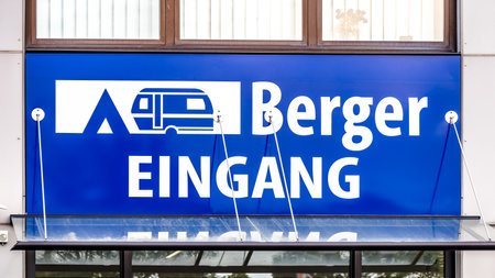 GIESSEN, GERMANY, 2021-06-10 BERGER LOGO on a Camping BERGER warehouse in GIessen. Fritz Berger offers camping supplies and equipment.のeditorial素材