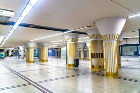 Frankfurt am Main, GERMANY: 09 October 2021: Passenger Area with Art Nouveau pillars in Frankfurt Main.のeditorial素材