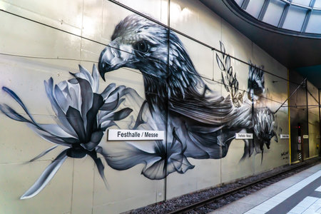 Frankfurt, GERMANY - October 09, 2021: Streetart from artist Alexander Bacon in Subway Station Festhalle - Messe, Frankfurt Main, Germanyのeditorial素材
