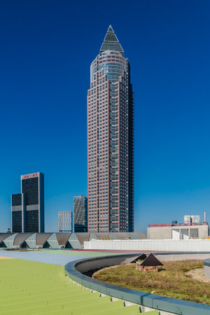 Frankfurt, GERMANY - October 9, 2021: Messeturm, or Trade Fair Tower, is a 63-storey, 257 m 843 ft skyscraper in Frankfurt, Germanyのeditorial素材