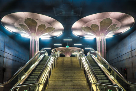 Frankfurt, Germany - October 09, 2021: Wonderful interior design of Westend Metro Station gave the second name to it - Palms gardenのeditorial素材