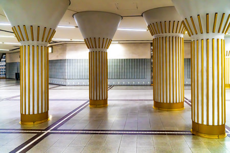 Frankfurt am Main, GERMANY: 09 October 2021: Passenger Area with Art Nouveau pillars in Frankfurt Main.のeditorial素材