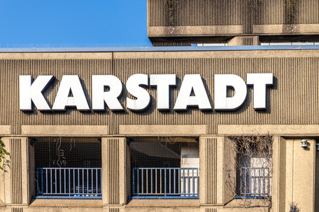 GIESSEN, GERMANY - 2021_04_09: Karstadt Store Logo. Founded in 1881 in wismar, it is a German department store chain whose headquarters are in Essen.のeditorial素材