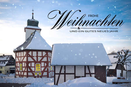 German Christmas greetings Card with small chapel in germany.の写真素材