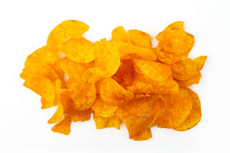Crunchy Potato Chips isolated over white backgroundの写真素材