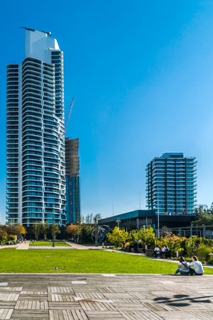 FRANKFURT, GERMANY - October 09, 2021: The "Grand Tower", completed in 2020, is the tallest residential building in Germany at the time Winner of many awardsのeditorial素材