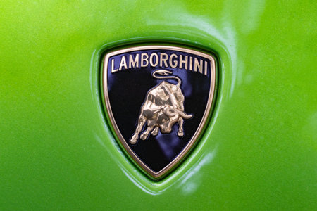 WETZLAR, GERMANY 2022-04-23: Lamborghini metallic logo closeup on Lamborghini car displayed.のeditorial素材