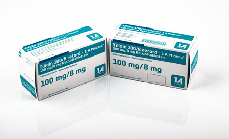 WETZLAR, GERMANY 2022-04-21: Boxes of TILIDIN Painkiller Medicine. Tilidin is a pain-relieving drug from the group of opioids.のeditorial素材