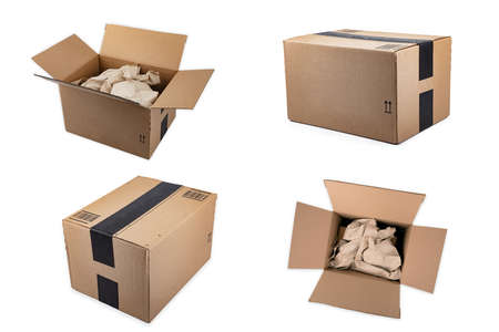 Collage of Shipping Parcels isolated over white backgroundの写真素材