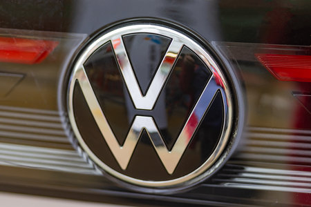 WETZLAR, GERMANY 2022-04-23: Volkswagen logo. Volkswagen is a German automobile manufacturer and the biggest German automaker and the third largest automaker in the world.のeditorial素材