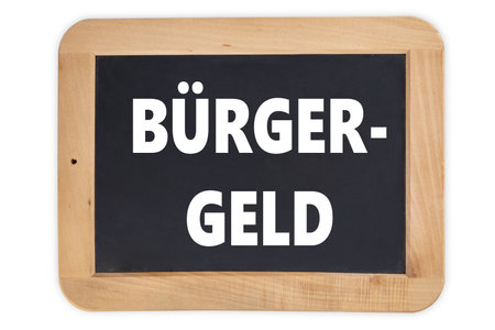 Vintage black board with wooden frame and german word BÃ¼rgergeld ( engl. citizen money) isolated on white background. New financial help system in Germany. Social support concept.の写真素材