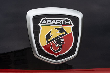 WETZLAR, GERMANY 2022-04-23: ABARTH CAR LOGO. Is a racing car and road car maker founded by Carlo Abarth of Turin in 1949, the logo is a shield with a stylized scorpion.のeditorial素材
