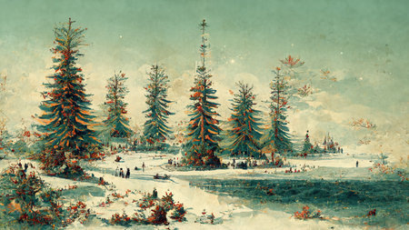 Retro christmas card with fir and snow landscape abstract digital artの写真素材