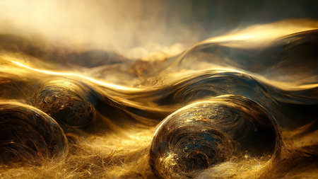 Abstract art fluid golden waves background full frame with bright lightning. Artificial art.の写真素材
