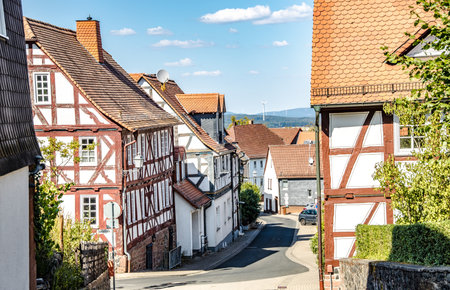 View of the buildings and streets of old small town Amoeneburg in Hesse, Germany.のeditorial素材