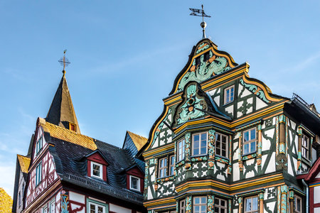 Historic half timbered house facade with windows in the idyllic little town of Idstein Hesse Germany.のeditorial素材