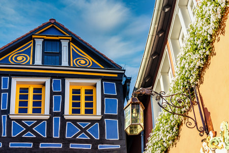 Historic half timbered house facade with windows in the idyllic little town of Idstein Hesse Germany.のeditorial素材