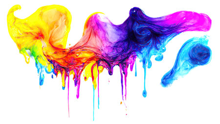 Colorful acrylic paint splashes on wall dripping down in horizontal banner on bright background. Artificial art.の素材