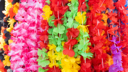 Full frame hanging Hawaii flower necklace in detailの写真素材