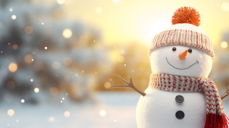 Funny Toy Snowman in a beautiful Winter scenic with bokeh. Artificial Art.の素材