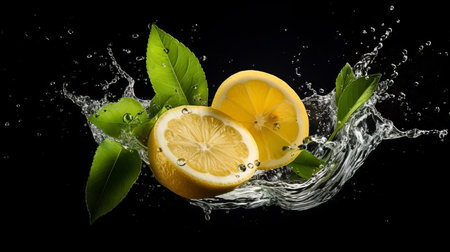 Fresh yellow lemon Fruit splash concept with water isolated on black background. artificial artの素材