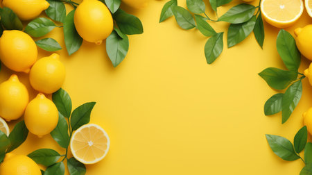 Beautiful backdrop with yellow lemons and green leaves on yellow background. Artificial Artの素材