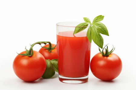 Fresh Tomato juice in a glass with tomatoes and basil on bright background. Artificial Artの素材