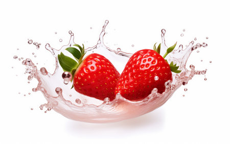 Two Strawberries in water - Water splash with white background. artificial artの素材
