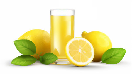 Delicious lemonade juice with fresh lemons and green leaves on white background.  Artificial Artの素材