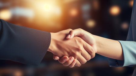 Business people in office suits standing and shaking hands, close-up. Business communication concept. Handshake and marketing. artificial artの素材