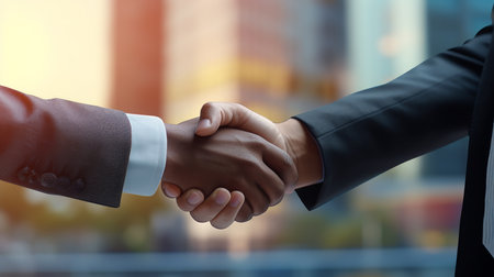 Business people in office suits standing and shaking hands, close-up. Business communication concept. Handshake and marketing. artificial artの素材