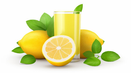Delicious lemonade juice with fresh lemons and green leaves on white background.  Artificial Artの素材