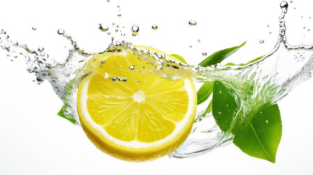 Fresh yellow lemon Fruit splash concept with water isolated on white background. artificial artの素材