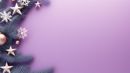 Christmas holiday star and fir branch background in bright purple  colours. Winter theme wallpaper.の素材