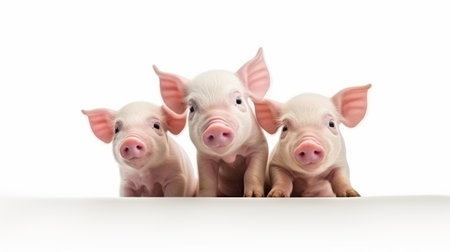 Beautiful Piglets in a row with blank whiteboard isolated on white background. Artificial Art.の素材