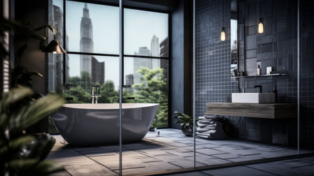 Beautiful bathroom in luxury home with bathtub, and shower. artificial artの素材