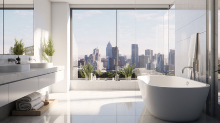 Beautiful bathroom in luxury home with bathtub, and shower. artificial artの素材