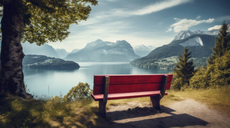Beautiful view of the lake and mountain with an empty bench. artificial artの素材
